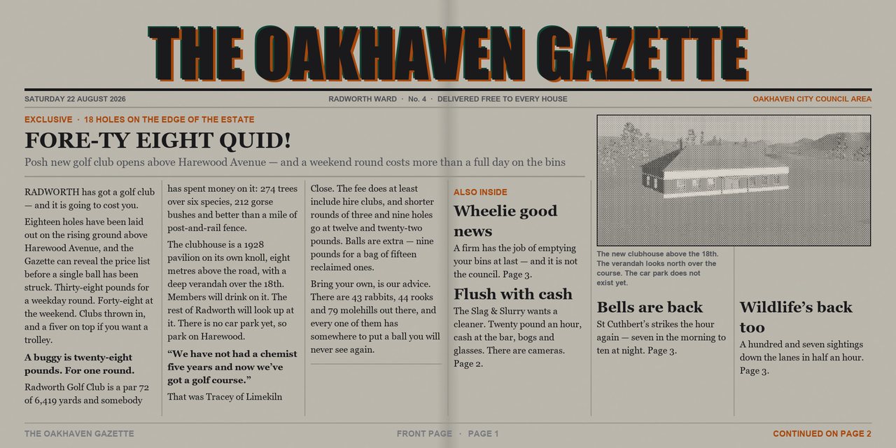 The Oakhaven Gazette, issue 4, Saturday 22 August 2026 - page 1 of 4. A tabloid newspaper spread printed in two colours.