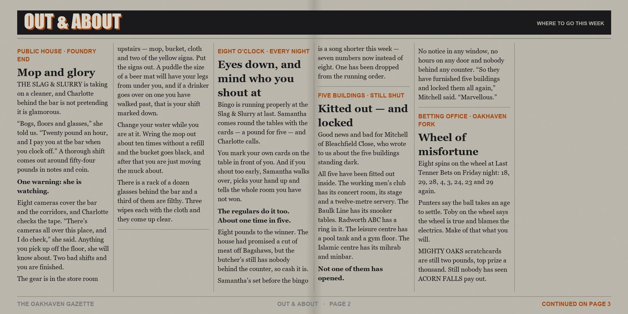 The Oakhaven Gazette, issue 4, Saturday 22 August 2026 - page 2 of 4. A tabloid newspaper spread printed in two colours.