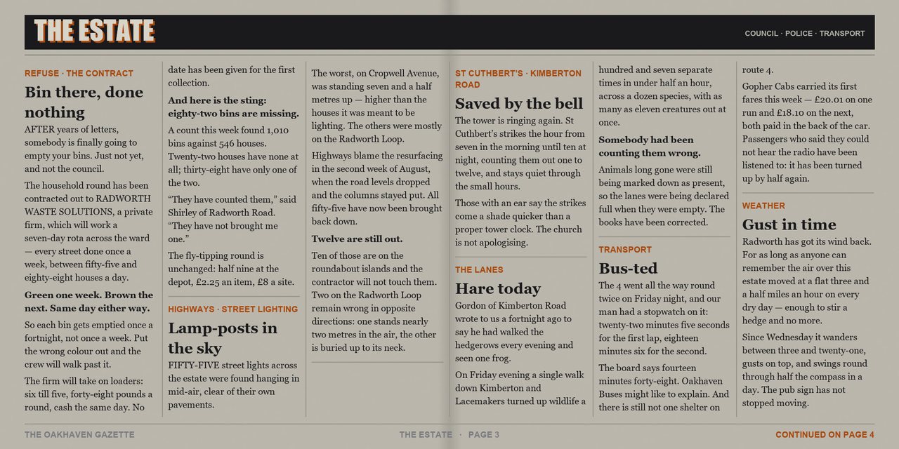 The Oakhaven Gazette, issue 4, Saturday 22 August 2026 - page 3 of 4. A tabloid newspaper spread printed in two colours.