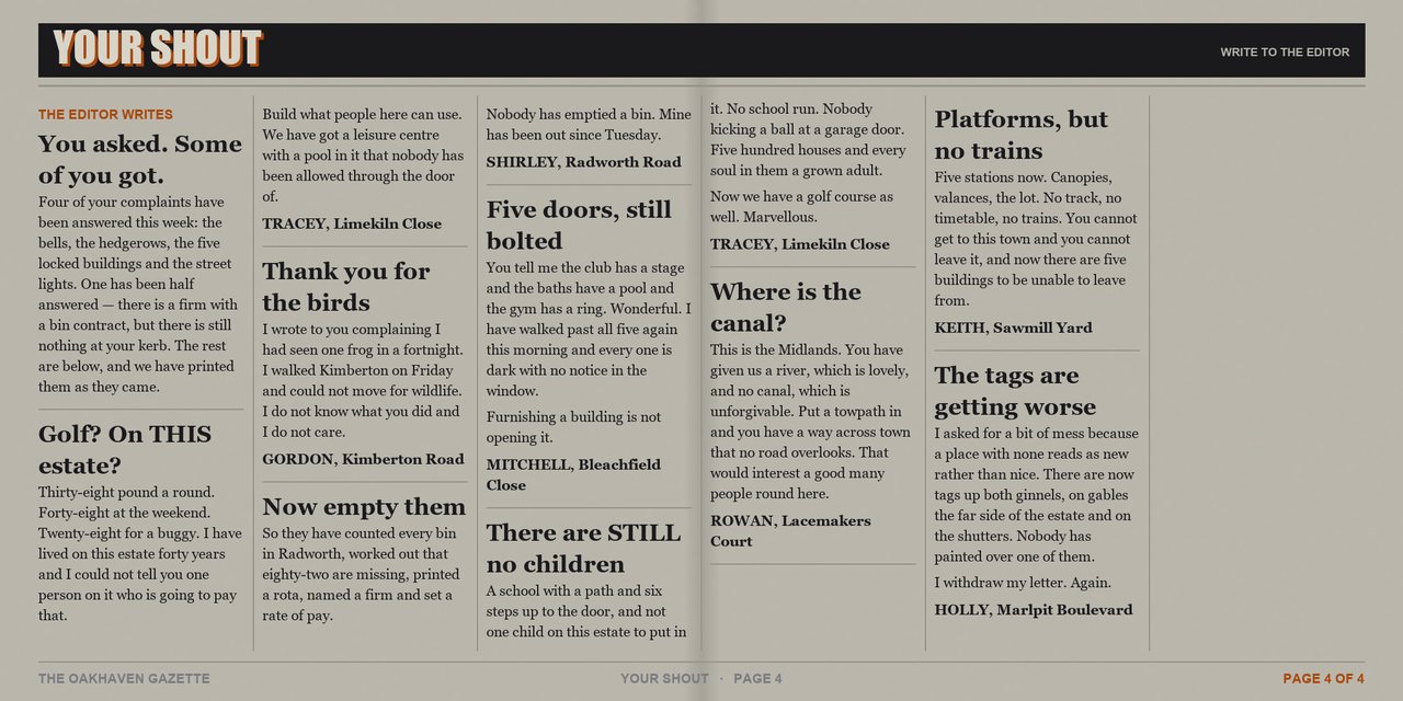 The Oakhaven Gazette, issue 4, Saturday 22 August 2026 - page 4 of 4. A tabloid newspaper spread printed in two colours.